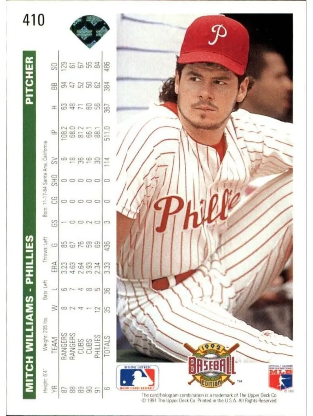 Mitch Williams 1992 Upper Deck MLB #410 Baseball Card Philadelphia Phillies